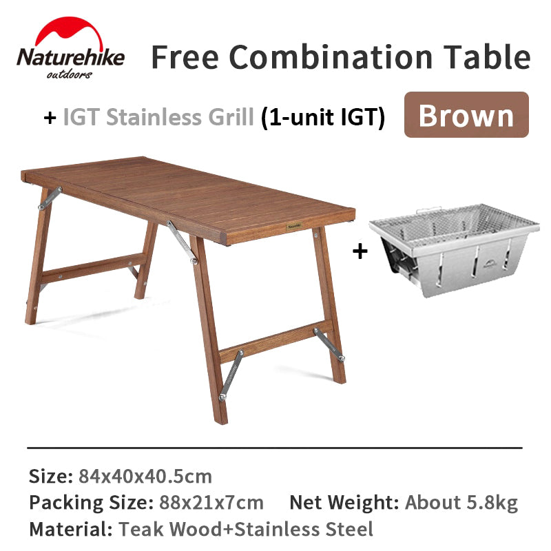 Naturehike IGT Compatible Free Combination Premium Wood Folding Table Outdoor Camping Portable Teak Wooden BBQ Grill Stove Integrated Foldable Table