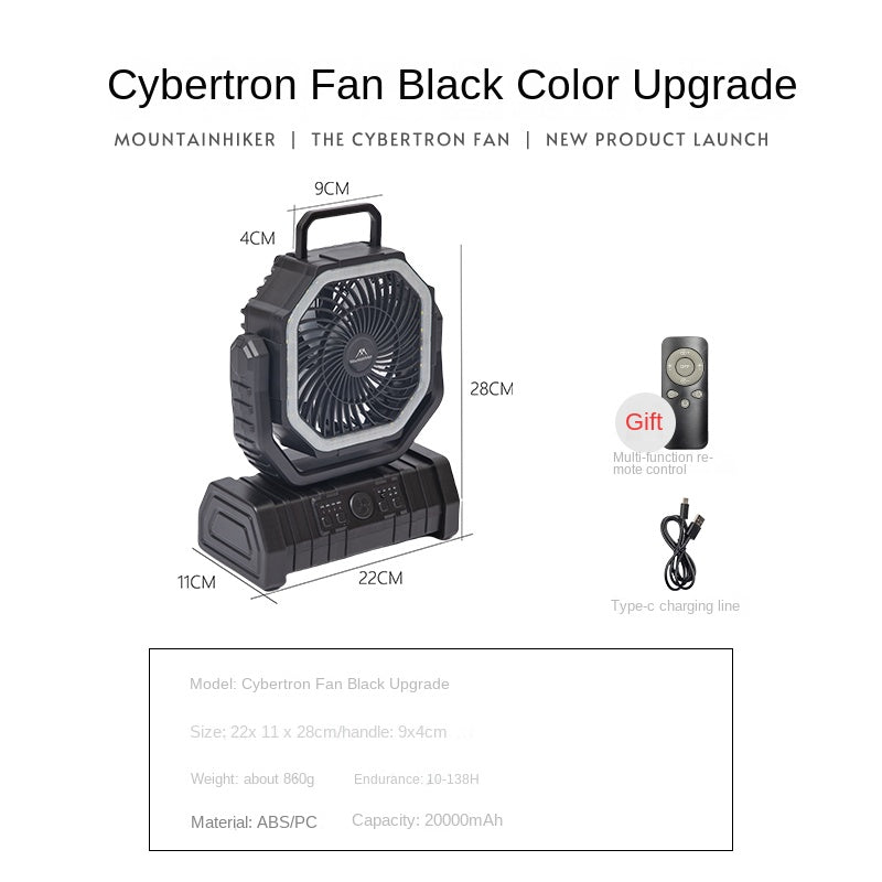 Mountainhiker Cybertron Fan v2 Portable Multipurpose Oscillating Fan Outdoor Camping 20000mAh Battery USB C Charging With Lamp Light Rugged With Remote