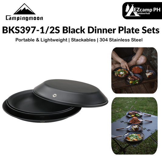 Campingmoon BKS397-1/2S Black Dinner Plate Sets Large 4/8pcs Sets Stainless Steel Outdoor Camping Dish Plate Dining Utensil With Storage Bag