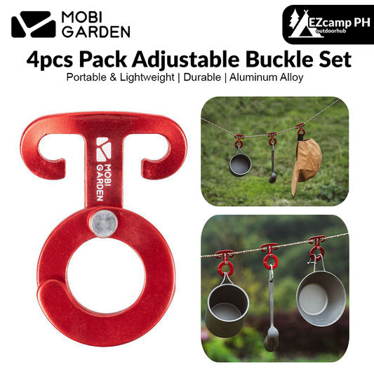 Mobi Garden 4pcs Pack Adjustable Buckle Set Multi-Function Hanging Aluminum Alloy Hook Tent Canopy Wind Rope Camping Hiking Indoor Travel Tent Equipment Accessories Heavy Duty Original Mobigarden