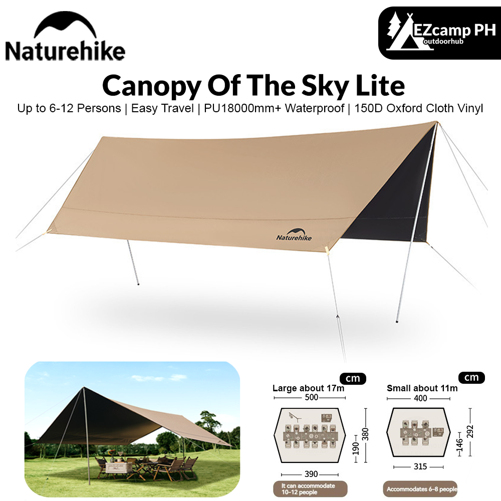 Naturehike CANOPY OF THE SKY LITE Portable Camping Sun Shelter Awning Canopy Tarp Tent UV Waterproof PU18000 Windproof Outdoor Hiking Sunscreen Large Space 11㎡ / 17㎡ Sunshade Black Coating Vinyl Orignal Nature Hike