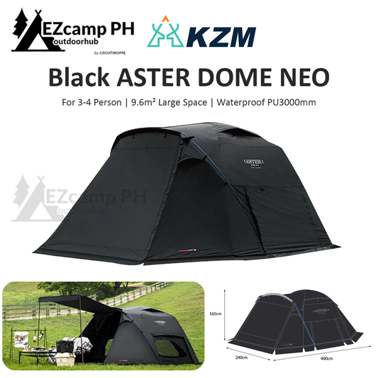 KZM Outdoor ASTER DOME NEO Black Dome Style Camping Tent for 3-4 Person Aluminum Alloy Pole Waterproof 3000mm 9.6m² Space