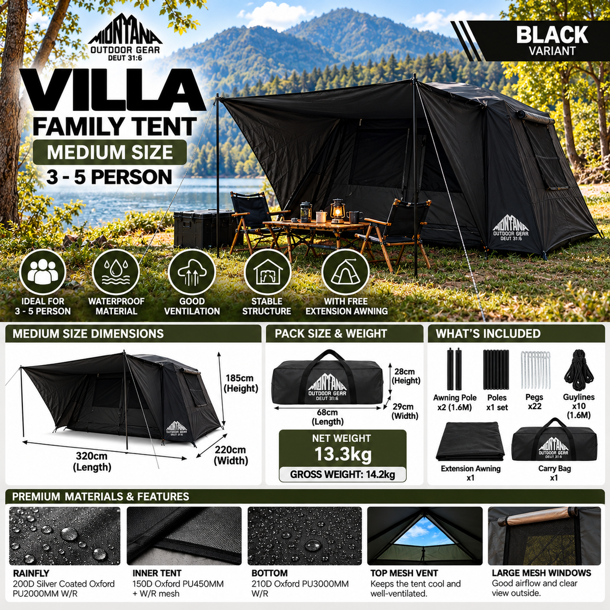 Montana VILLA Cabin Style Family Camping Tent Large Medium 5-8 Person Waterproof Manual Silver Coat