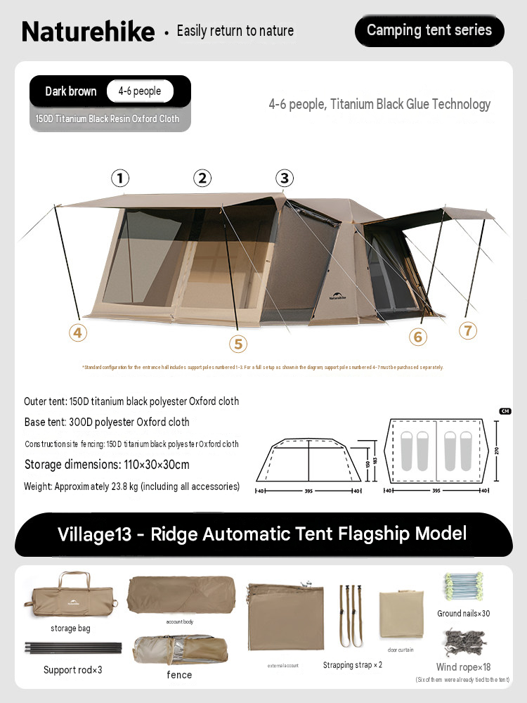 Naturehike VILLAGE 13 Flagship PRO Series Fast Build Automatic Cabin Style Tent for 4-8 Person Outdoor Waterproof Ti Black Vinyl Coated Sunscreen Aluminum Frame Gen 3