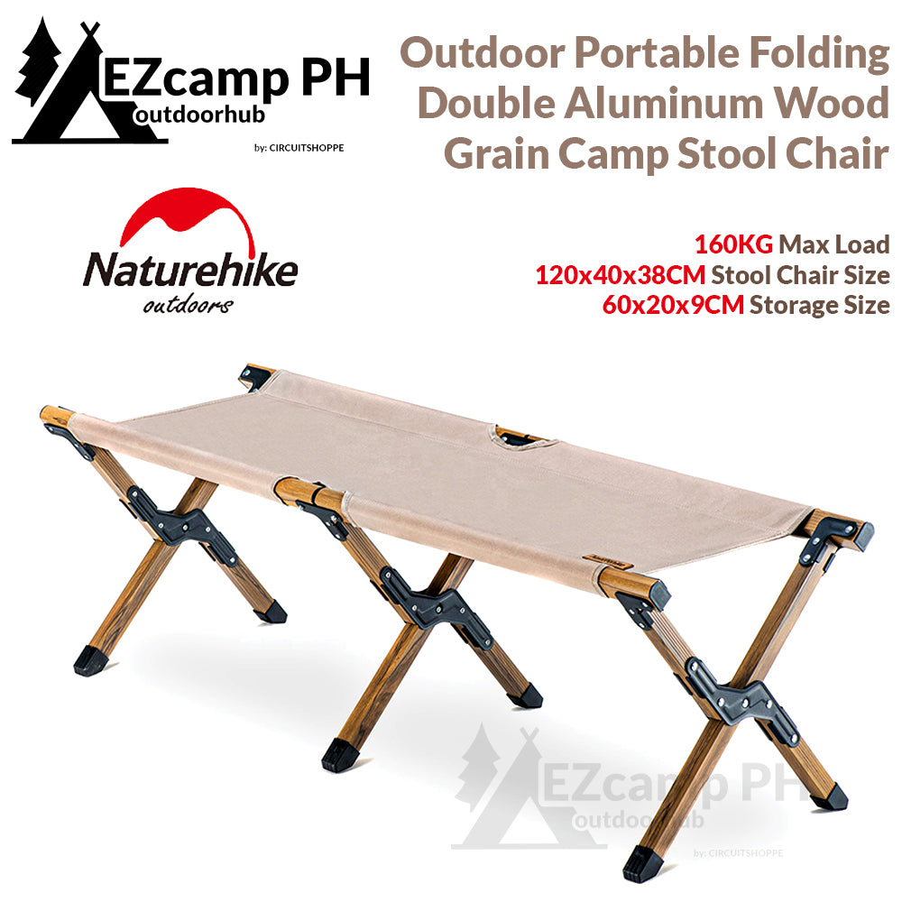 Naturehike Outdoor Portable Folding Double Stool Camping Chair Foldable Camp Seat up to 160KG Max Load Aluminum Wood Grain Light Weight 2 Seater Nature Hike