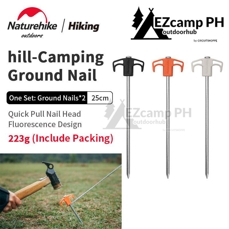 Naturehike HILL Series 2pcs 25cm Peg Ground Nails Stakes Set Camping Tent Accessories Black Orange Luminous Glow in the Dark White Steel Iron