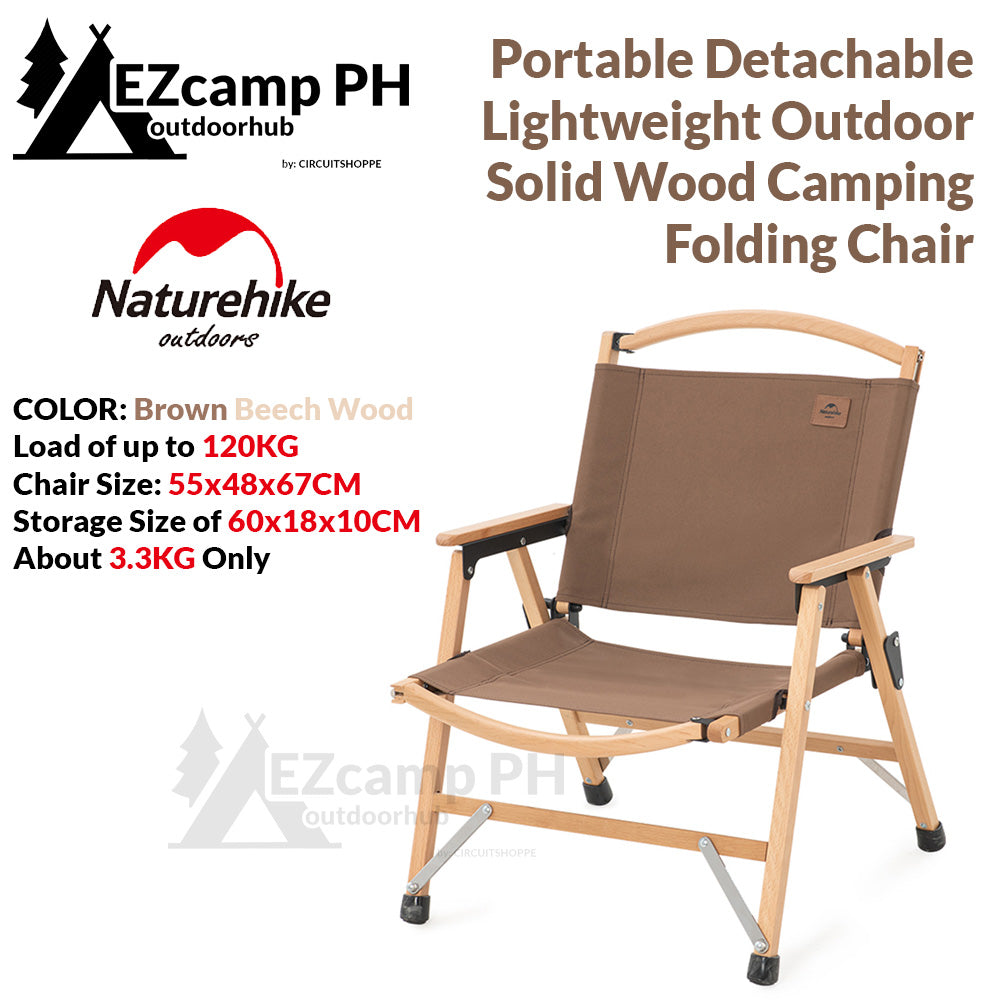 Naturehike Premium Portable Folding Wooden Outdoor Camping Kermit Chair Solid Wood Material Glamping Detachable Ultralight Foldable Camp Steady Chair Nature Hike Picnic Beech Walnut Finish