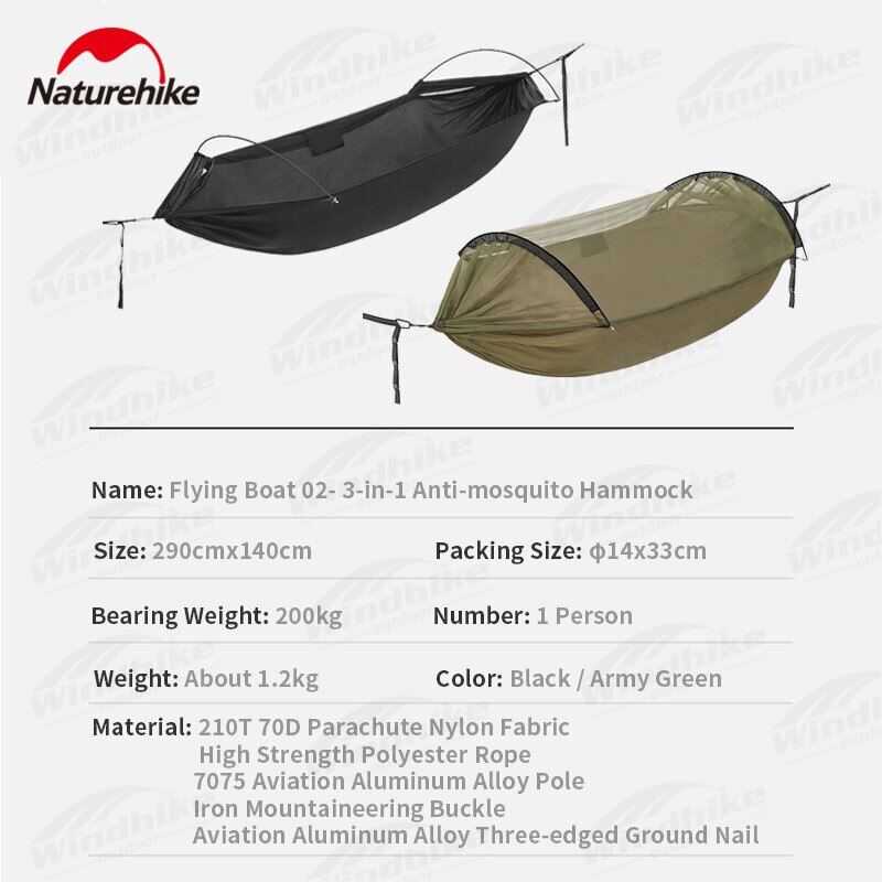 Naturehike 3-in-1 Anti-Mosquito Hammock Portable Ultralight Sleeping Hanging Bed Flying Boat 2 Person Camping Hammock With Anti Mosquito Insect Mesh Screen Cover Breathable Duyan up 200kg Max Load Bending Aluminum Rod Heavy Duty Original Nature Hike