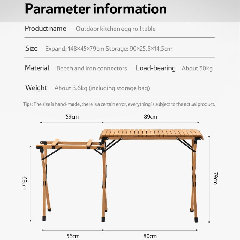 Naturehike STAR ROLL Camping Egg Roll Table Outdoor Portable Outdoor Picnic Travel BBQ Mobile Kitchen Solid Beech Wood Folding Table Load Bearing 30kg