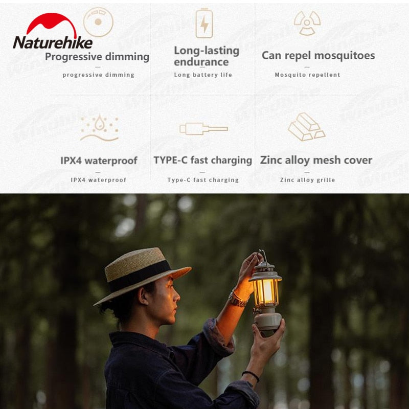 Naturehike Anti Mosquito Lantern Lamp Light IPX4 Waterproof Camping Tent Outdoor Atmosphere Ambient Lighting up to 483 Lumens LED USB Charging