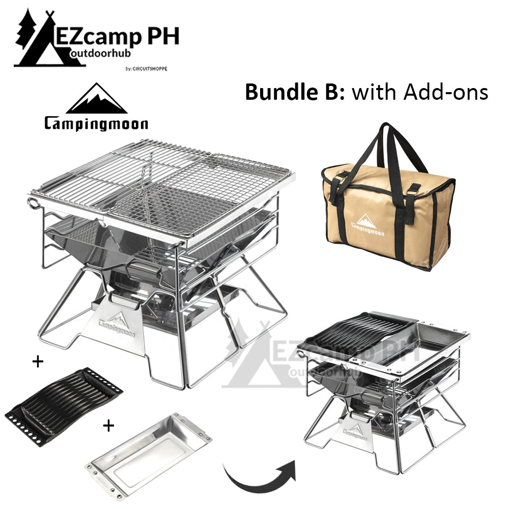 CAMPINGMOON X-TWO Portable Multi-Function Camping Charcoal Barbecue Grill Foldable Outdoor Pure Stainless Steel Cast Iron Steak Grill Cook Fry BBQ