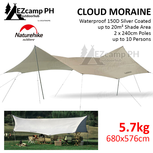 Naturehike CLOUD MORAINE Extra Large Camping Awning Canopy Shelter Tarp Tent with 2 Poles UPF50+ Sun Screen 20sqm Shade Area Waterproof Silver Coat