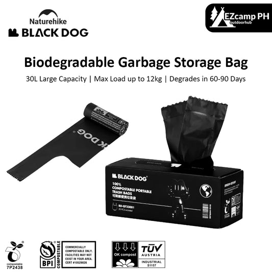 BLACKDOG by Naturehike Fully Biodegradable Garbage Storage Bag 30L Load up to 12kg Outdoor Camping Trash Waste Toilet Bin Bag Container Corn Starch Resin Degradable Plastic in 60-90 Days 20pcs Box Black Dog Nature Hike