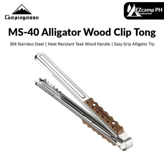 Campingmoon MS-40 Alligator Wood Clip Outdoor BBQ Grill Stainless Steel Tong Premium Teak Wood Heat Resistant Handle Camping Picnic Charcoal Grilling Equipment Utensil Camping Moon