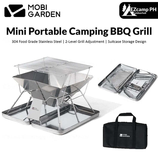 Mobi Garden Portable Mini Folding Charcoal Grill Stove Outdoor Foldable 201 301 Stainless Steel Ultralight Fire Wood Burner Bonfire Pit Firewood BBQ Picnic Camping Equipment Suitcase Design with Storage Bag Mobigarden