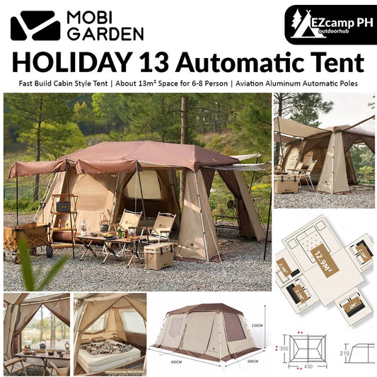 Mobi Garden HOLIDAY MOUNTAIN RESIDENCE 13 Fast Automatic Cabin Style Tent for 6 to 8 Person Large 13m² Space Quick Build 2 Rooms 4 Doors 6 Windows