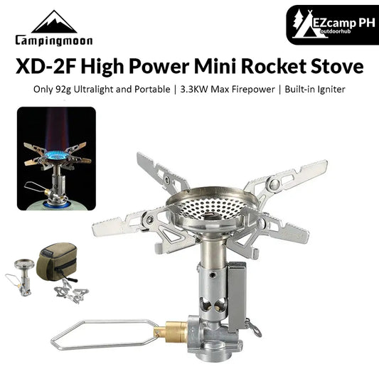 CAMPINGMOON XD-2F Mini High-Power Rocket Stove Duty Butane Gas Fuel Burner 3.3kw Firepower Built-in Igniter Screw Type with Storage Bag Camping Hiking