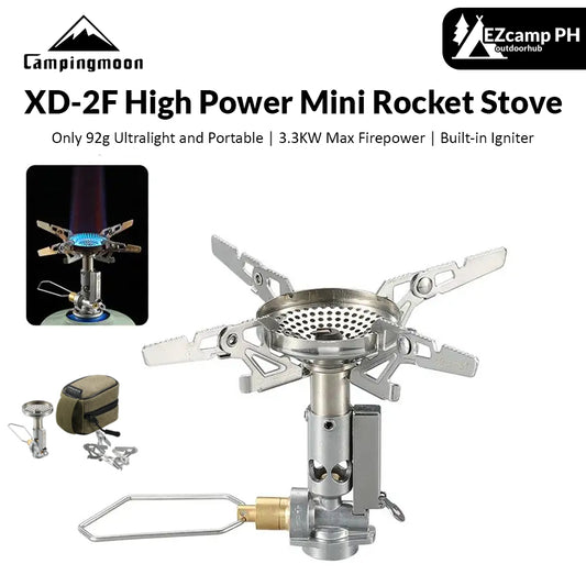 CAMPINGMOON XD-2F Mini High-Power Rocket Stove 92g Ultralight Portable Camping Hiking Outdoor Cooking Heavy Duty Butane Gas Fuel Burner 3.3kw Firepower Built-in Igniter Screw Type with Storage Bag Camping Moon