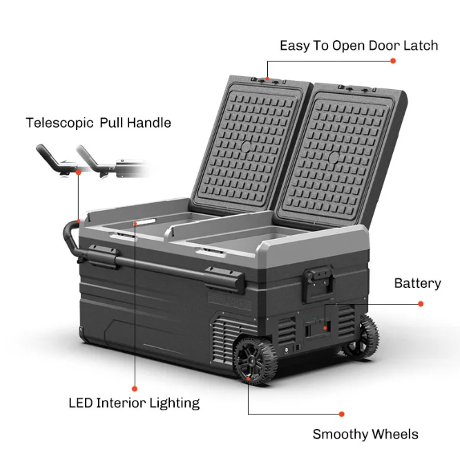 ALPICOOL TWW Series TWW75 75L 12V 24V DC Car RV Dual Zone 2 Door Wheel Trolley Portable Camping Refrigerator LG Compressor Cooler Ref Fridge Freezer