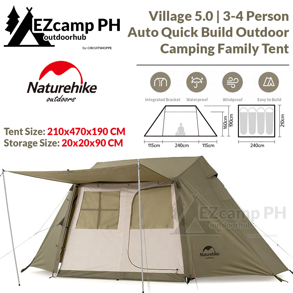 Naturehike Village 5.0 3 to 4 Person Outdoor Camping Glamping Tent Windproof Waterproof Automatic Quick Build Camp Cabin Style Family Group Shelter 5