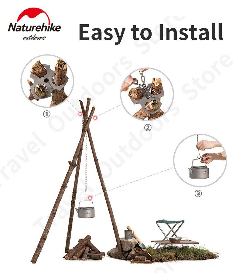 Naturehike Titanium Tripod Hanger Ultralight 50g Portable Camping Hiking Wood Bushcraft Cooking Equipment Hang Hook Picnic BBQ 10kg Max Load Suit