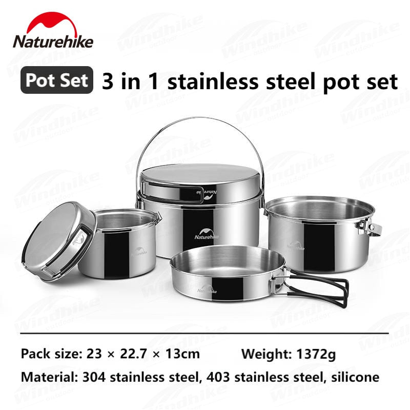 Naturehike Pure 304 Stainless Steel Camping Pot or Pot + Kettle Cookware Set Outdoor 3 in 1 Function and 5pcs in 1 Cooking Pot Frying Pan with Cover