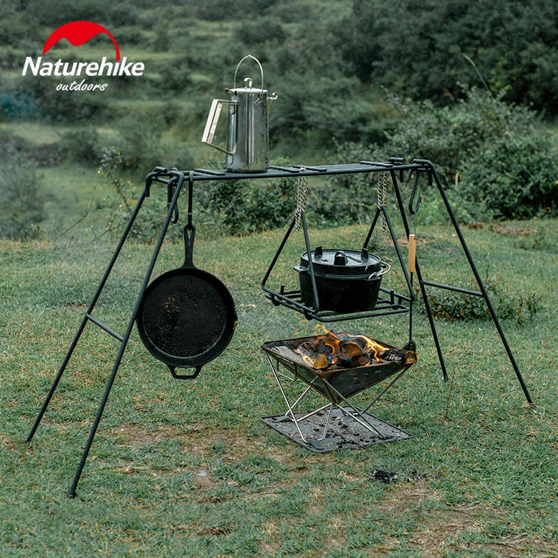 Naturehike Camping Wrought Iron Shelf Portable Multifunctional Triangle Hanging Rack Outdoor Hang Pot Cooking Grilling BBQ Grill Adjustable 2 Sizes