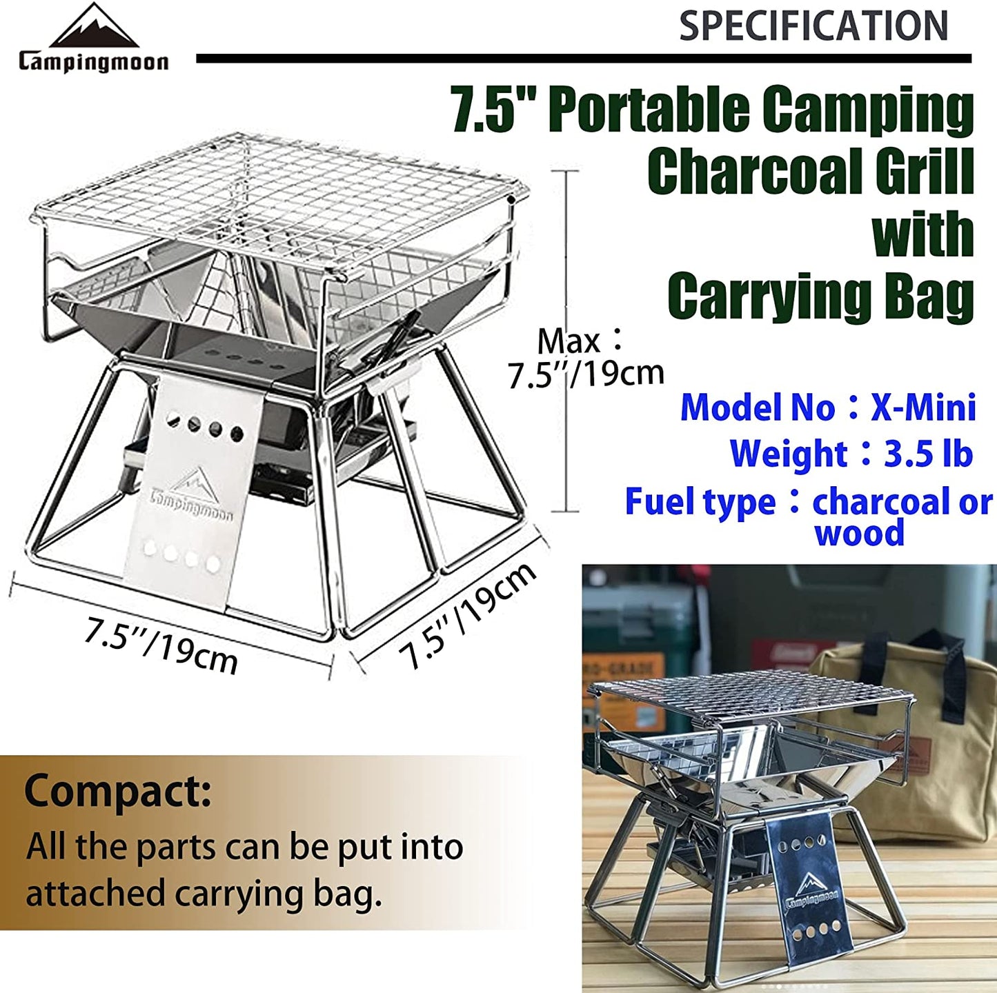 CAMPINGMOON Outdoor Portable Camping BBQ Grill Pure Stainless Steel X-Mini MT-2 MT-3 Charcoal Fire Wood Pit Bonfire Multi Purpose Small Medium Large