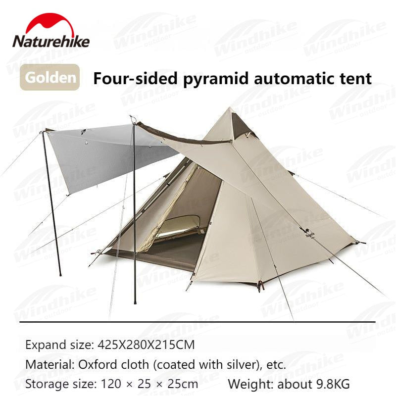 Naturehike Four-Sided Pyramid Automatic Tent Outdoor Portable Awning Four-Sided Quick Build Auto Pole Pyramid Large Hall Double Door For 3-4 Persons Waterproof Breathable Camping  Hiking Travel Heavy Duty Original Nature Hike