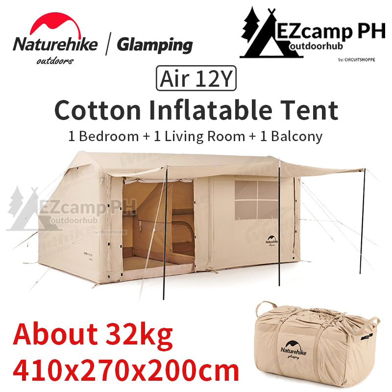 Naturehike AIR Series 12Y Cotton Air Inflatable Outdoor Camping Tent 12㎡ One Bedroom Living Room Balcony Family Glamping Waterproof Tent for 4 Person