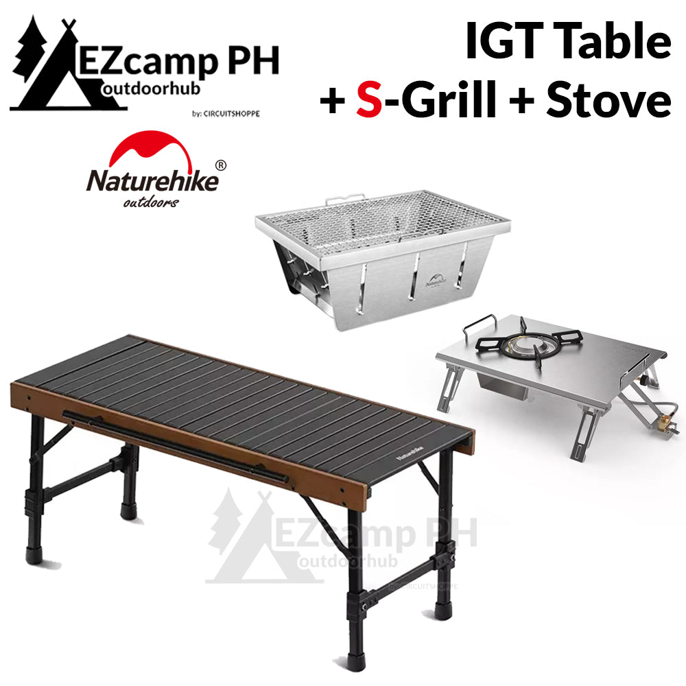 Naturehike IGT Combination Camping Outdoor Table Portable Folding with BBQ Grill or Gas Stove Bundle Set Foldable Wood Light Egg Roll Nature Hike