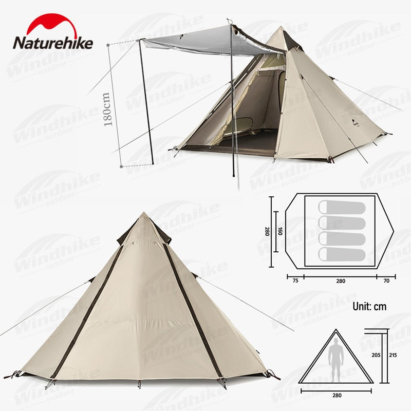 Naturehike Four-Sided Pyramid Automatic Tent Outdoor Portable Awning Four-Sided Quick Build Auto Pole Pyramid Large Hall Double Door For 3-4 Persons Waterproof Breathable Camping  Hiking Travel Heavy Duty Original Nature Hike