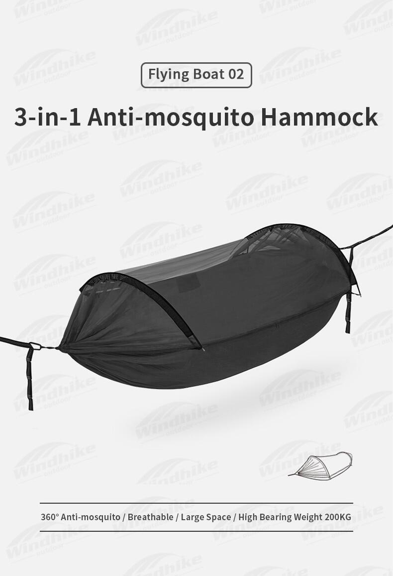 Naturehike 3-in-1 Anti-Mosquito Hammock Portable Ultralight Sleeping Hanging Bed Flying Boat 2 Person Camping Hammock With Anti Mosquito Insect Mesh Screen Cover Breathable Duyan up 200kg Max Load Bending Aluminum Rod Heavy Duty Original Nature Hike