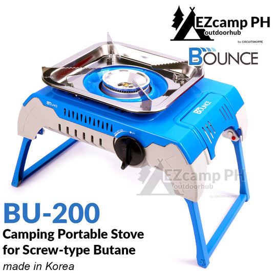 BOUNCE BU-200 Outdoor Portable Camping Cooking Stove with Foldable Legs Stand and Case for Screw Type Camping Butane Isobutane Gas Fuel Can Canister Cassette Camp Burner Original Heavy Duty BU 200 BU200