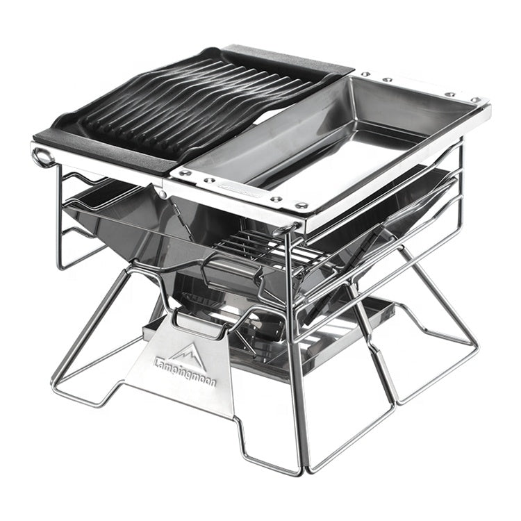 CAMPINGMOON X-TWO Portable Multi-Function Camping Charcoal Barbecue Grill Foldable Outdoor Pure Stainless Steel Cast Iron Steak Grill Cook Fry BBQ