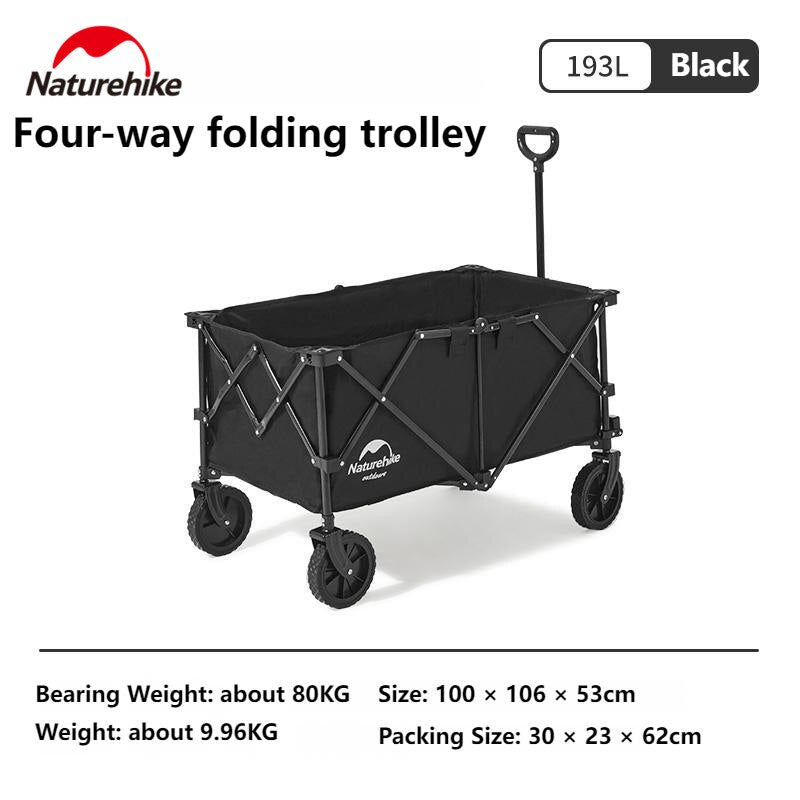 Naturehike TC02 193L Outdoor Portable Black Trolley Carrying Cart 4 Way Folding Camping Glamping Camp Travel Wagon 80KG Max Load Foldable Collapsible