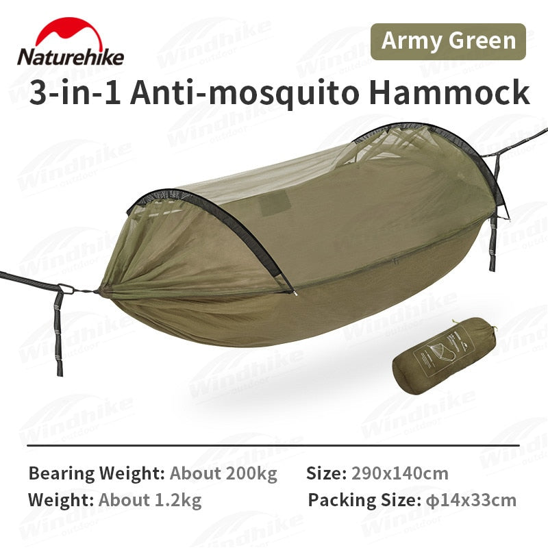 Naturehike 3-in-1 Anti-Mosquito Hammock Portable Ultralight Sleeping Hanging Bed Flying Boat 2 Person Camping Hammock With Anti Mosquito Insect Mesh Screen Cover Breathable Duyan up 200kg Max Load Bending Aluminum Rod Heavy Duty Original Nature Hike