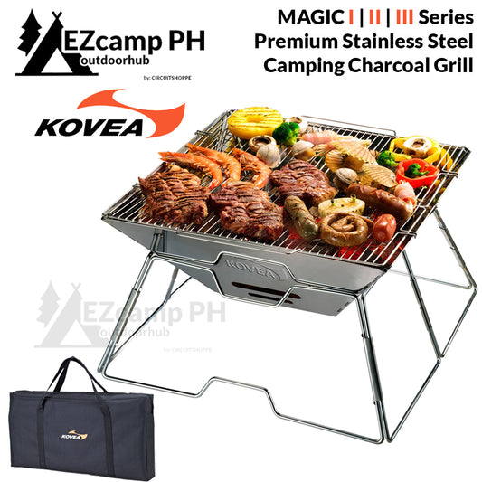 KOVEA Korea MAGIC I | II | III Upgraded Series Camping Premium Stainless Steel Charcoal  BBQ Grill Firewood Outdoor Portable Folding Camp Fire Pit Rack Bonfire Firewood Griller Grilling Stove Burner 1 2 3 Foldable