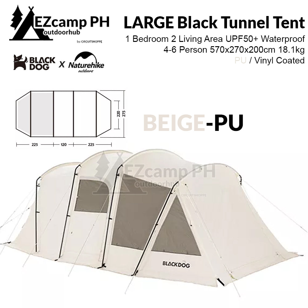 BLACKDOG by Naturehike Large Big Black Beige Tunnel Tent 4 to 6 Person 1 Bedroom 2 Living Area UPF50+ Outdoor Waterproof PU Vinyl Coated Camping