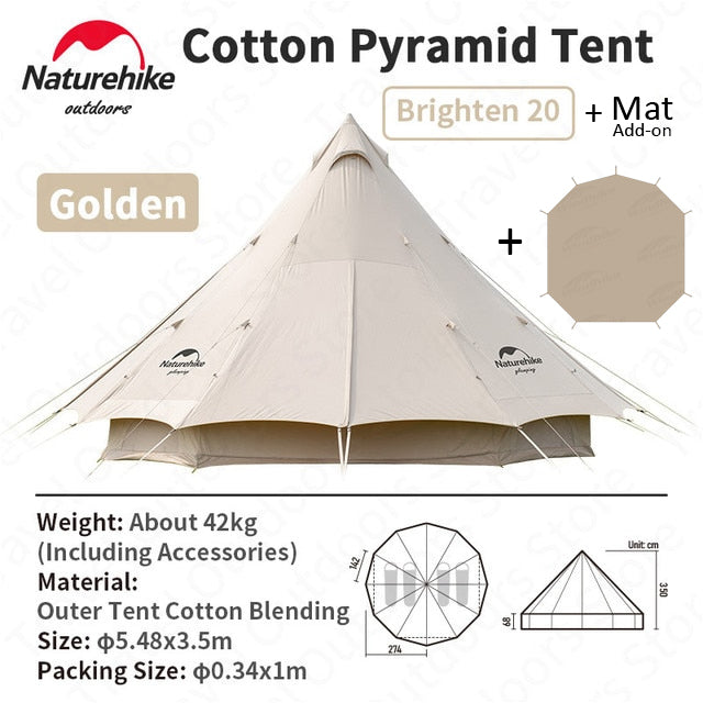 Naturehike BRIGHTEN Series 20 Cotton Pyramid Bell Camping Glamping Tent 20m² Extra Large Family Waterproof Outdoor with Awning for 10 to 12 Person