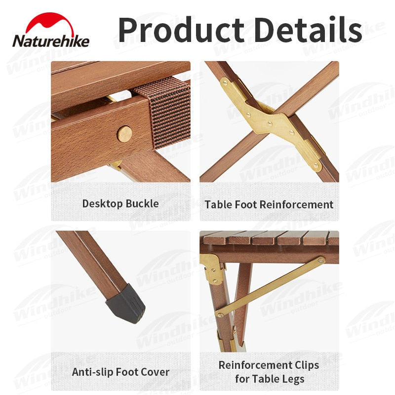 Naturehike Walnut Wood Egg Roll Folding Portable Camping Outdoor Table Small Large Size Solid Wooden Foldable Copper Plated Heavy Duty Support