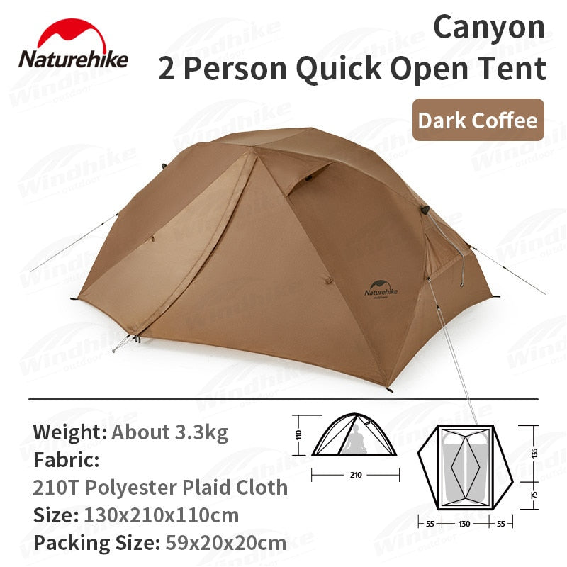 Naturehike CANYON 2 Quick Fast Build 2 Person Portable Camping Waterproof Outdoor Folding Automatic Pole 210T Breathable Backpacking Hiking Auto Tent