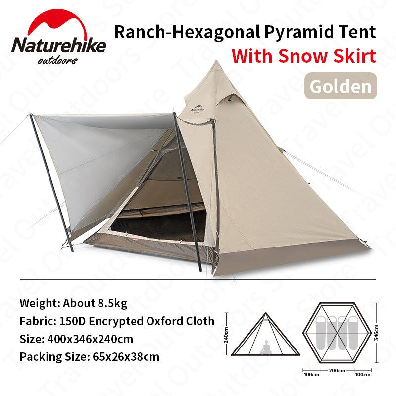 Naturehike RANCH Series Hexagonal Tipi Style Pyramid Camping Tent for 3 to 4 Person with Skirt Waterproof Hexagon 2 Door Hall Outdoor Shelter Bell