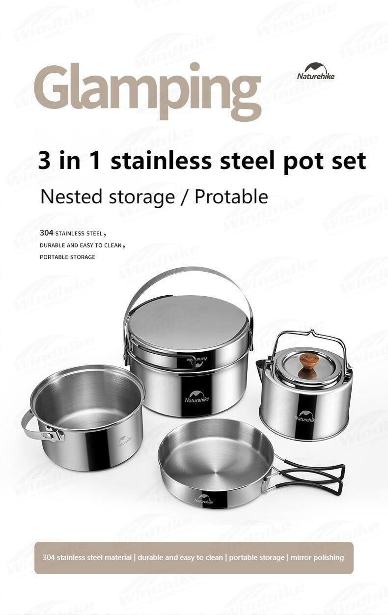 Naturehike Pure 304 Stainless Steel Camping Pot or Pot + Kettle Cookware Set Outdoor 3 in 1 Function and 5pcs in 1 Cooking Pot Frying Pan with Cover