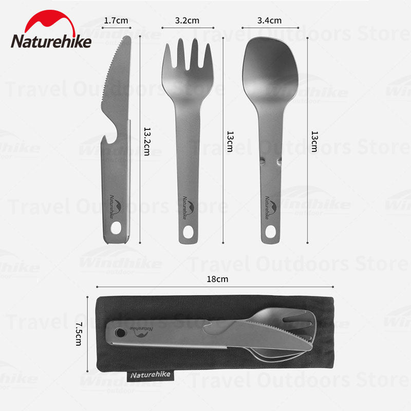 Naturehike Pure Titanium Steel 3 in 1 Cutlery Set Spoon Fork Knife Bottle Opener Portable Ultralight Camping Hiking Dining Utensil Tableware