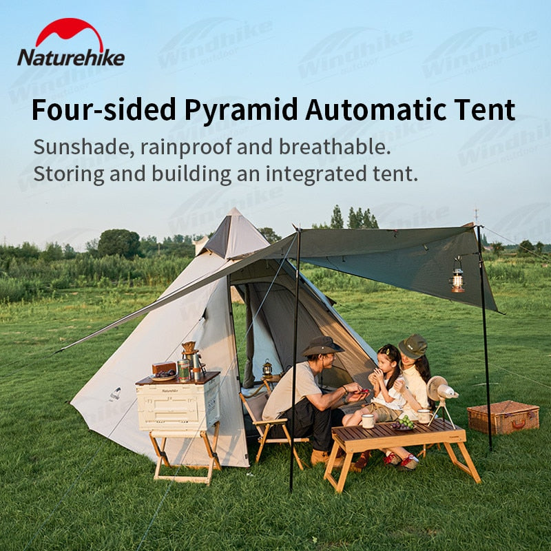 Naturehike Four-Sided Pyramid Automatic Tent Outdoor Portable Awning Four-Sided Quick Build Auto Pole Pyramid Large Hall Double Door For 3-4 Persons Waterproof Breathable Camping  Hiking Travel Heavy Duty Original Nature Hike