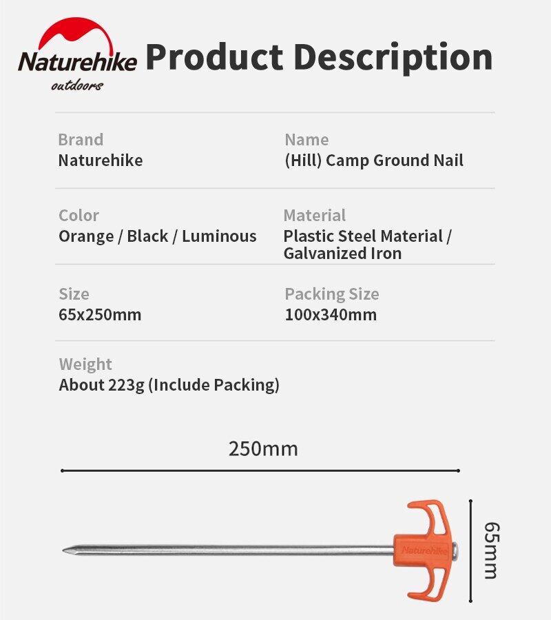 Naturehike HILL Series 2pcs 25cm Peg Ground Nails Stakes Set Camping Tent Accessories Black Orange Luminous Glow in the Dark White Steel Iron