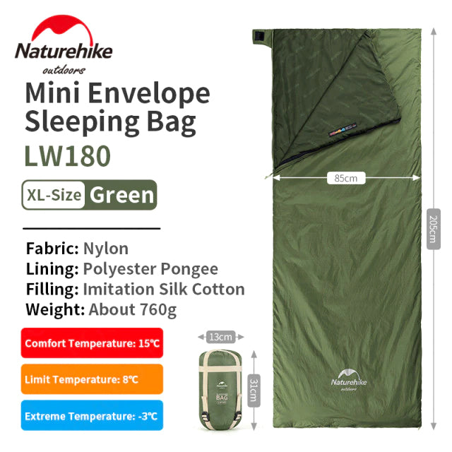 Naturehike LW180 Sleeping Bag Camping Hiking Comfortable Envelope Type Bed Portable Ultralight Foldable Outdoor Pad Breathable  Soft Cotton LW 180