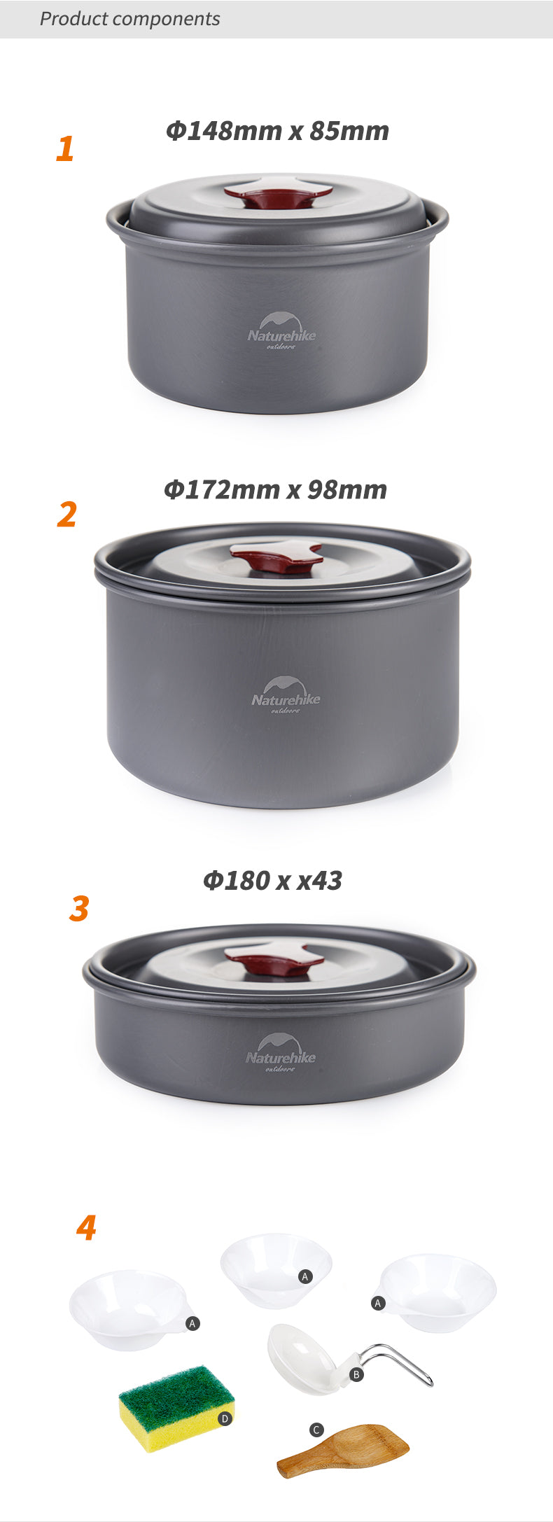 Naturehike  4 in 1 Portable Camping Cookware Pot Set for 2 to 3 Person Frying Pan Hiking Cooking Tools with Cover Utensils Lightweight Aluminum