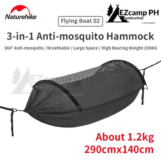Naturehike Flying Boat 2 Person Camping Hammock with Anti Mosquito Insect Mesh Screen Cover 3 in 1 Breathable 70D Nylon 200kg Max Bending Aluminum Rod